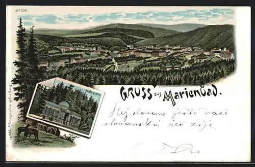 Lithographie Marienbad, Waldquelle, Panoramablick auf den Kurort