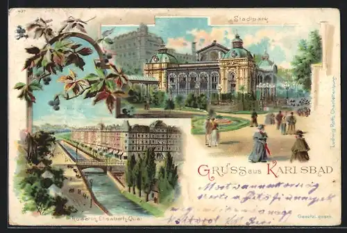 Lithographie Karlsbad, Partie im Stadtpark mit Passanten und Kaiserin Elisabeth-Quai