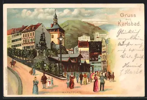 Lithographie Karlsbad, Marktplatz mit Passanten