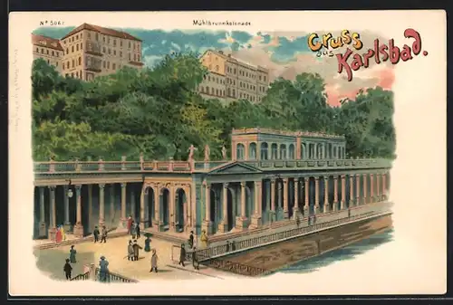 Lithographie Karlsbad, Partie an der Mühlbrunnkolonnade
