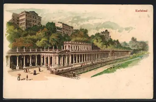 Lithographie Karlsbad, Ortsansicht aus der Vogelschau