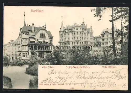 AK Karlsbad, Savoy-Westend-Hotel, Villa Silva, Villa Klemm