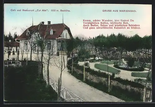 AK Marienbad, Cafe und Restaurant Zur Alm mit Zufahrtsstrasse
