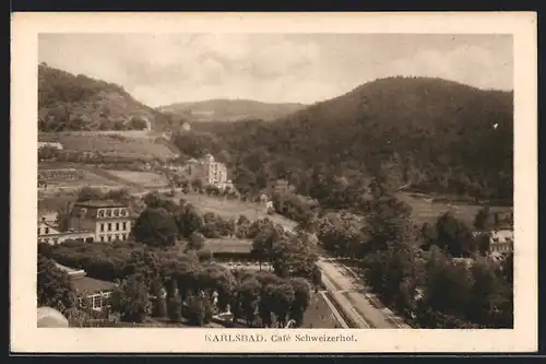 AK Karlsbad, Cafe Schweizerhof aus der Vogelschau