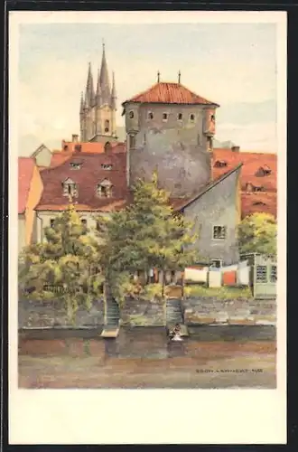 Künstler-AK Eger, Gebäude der alten Stadt