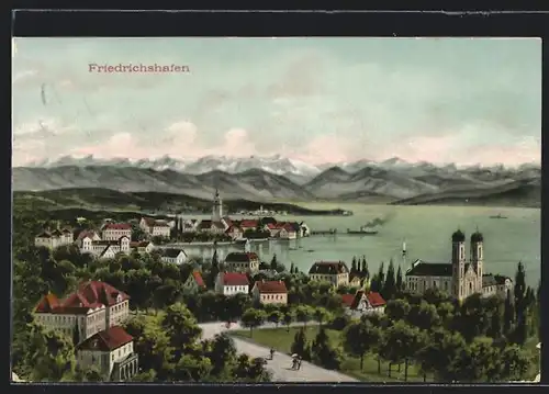 AK Friedrichshafen, Ortsansicht mit Bodensee aus der Vogelschau