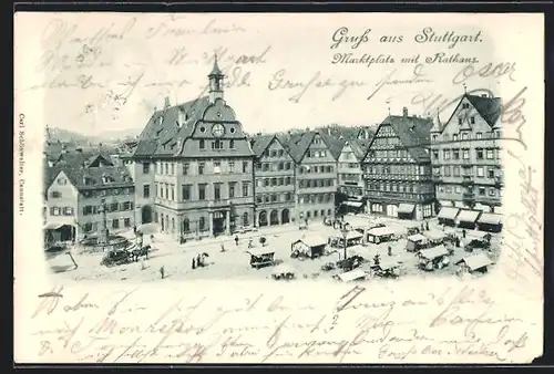 AK Stuttgart, Marktplatz mit Rathaus aus der Vogelschau
