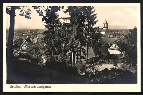 AK Renchen, Blick vom Stadtgarten mit Kirche
