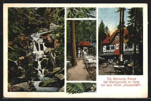 AK Wernigerode im Harz, die Steinerne Renne mit dem Hotel Wasserfall