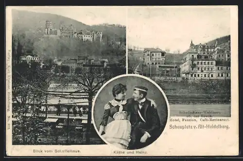 AK Alt-Heidelberg, Hotel Pension Scheffelhaus-Waldhorn ob. der Bruck, Blick auf den Ort, Käthe und Heinz