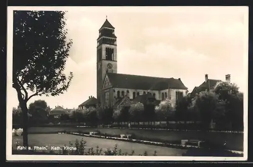 AK Kehl a. Rhein, Rosengarten mit Katholischer Kirche