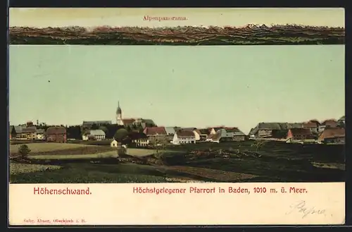 AK Höchenschwand, Ortsansicht mit Kirche und Alpenpanorama