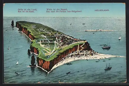 AK Helgoland, Blick auf die Insel mit ihren steilen Küsten, die drei Farben der Insel