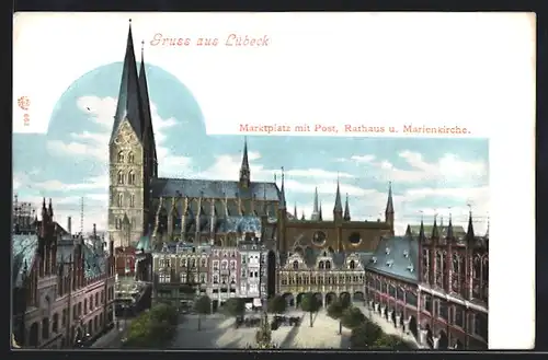 AK Lübeck, Marktplatz mit Post, Rathaus und Marienkirche