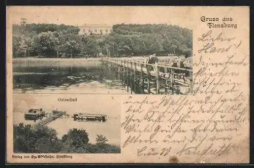 AK Flensburg, Ostseebad, Uferpartie mit Brücke