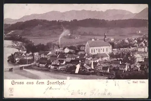 AK Bad Tölz /Isarthal, Teilansicht mit Kirche