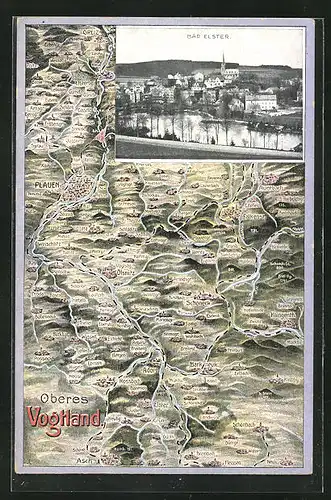 AK Bad Elster, Stadtpanorama, Landkarte des oberen Vogtlandes