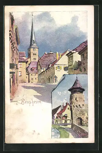 Künstler-AK Bensheim, Ortsansicht mit Kirchturm, Idyll am Bach