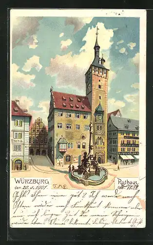 Lithographie Würzburg, Rathaus der Stadt