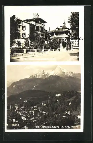 Foto-AK Berchtesgaden, Hotel Vier Jahreszeiten und Panorama mit Watzmann
