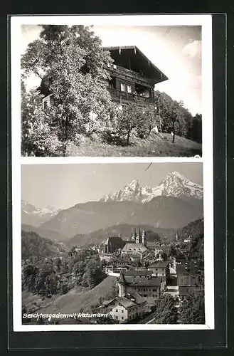 AK Berchtesgaden, Ortspanorama mit Watzmann, Ansicht einer Hütte