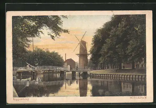AK Schiedam, Kippenbrug, mit Mühle
