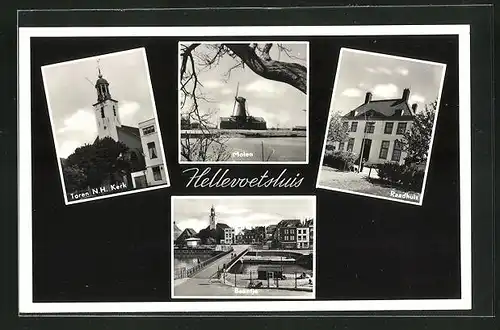 AK Hellevoetsluis, Toren N. H. Kerk, Raadhuis, Molen, Baantje