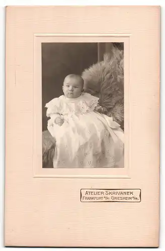 Fotografie Atelier Skrivanek, Frankfurt a / M., Portrait niedliches Baby im hübschen Kleid auf Fell sitzend