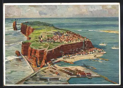 Künstler-AK Helgoland, Gesamtansicht der Insel