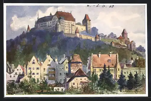 Künstler-AK Landshut, Blick zur Burg Trausnitz