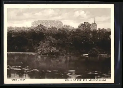 AK Greiz i. Thür., Parksee mit Blick zum Landkrankenhaus