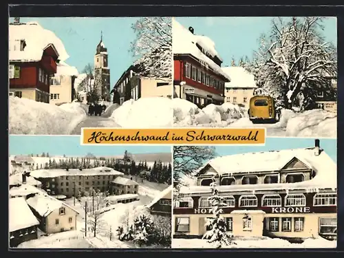 AK Höchenschwand im Schwarzwald, Hotel Krone, Geschäft von Karl Maier und Strassenpartie im Schnee