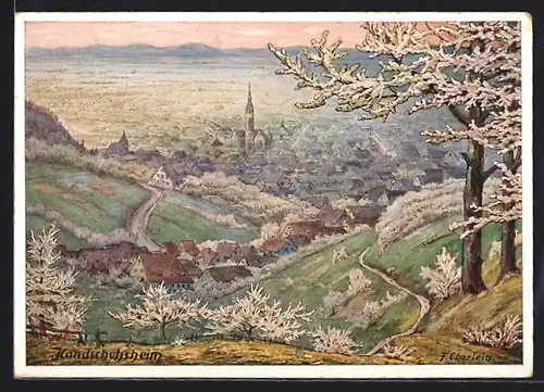 Künstler-AK Heidelberg-Handschuhsheim, Teilansicht mit Kirche im Blütenschmuck