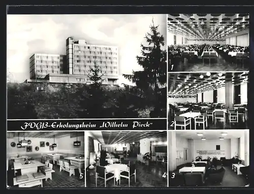 AK Finsterbergen /Thür., FDGB-Erholungsheim Wilhelm Pieck, Innenansichten Urlauber-Speisesaal und Urlauber-Restaurant