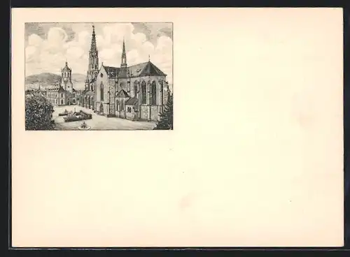 Künstler-AK Bühl i. Baden, Rathaus, Kirche und Kriegerdenkmal