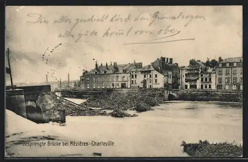 AK Mézières, Gesprengte Brücke bei Mézières-Charleville