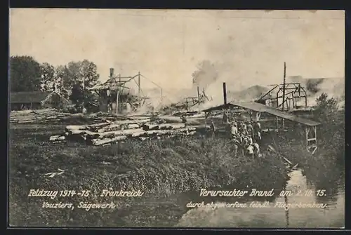 AK Vouziers, Brand im Sägewerk 1915
