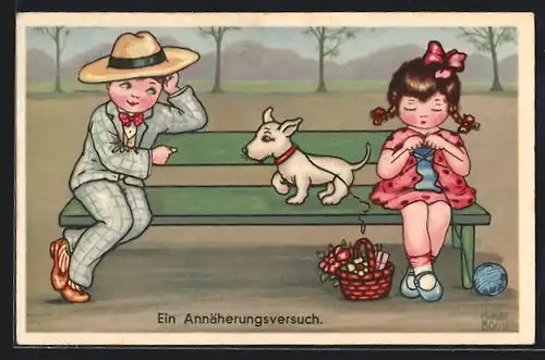 Künstler-AK Margret Boriss: Frau beim Stricken mit Hund und Herr sitzen auf einer Bank