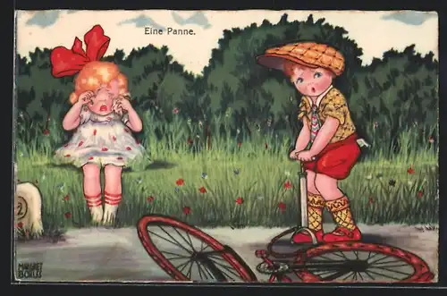 Künstler-AK Margret Boriss: Traurigkeit über platten Reifen, Fahrrad