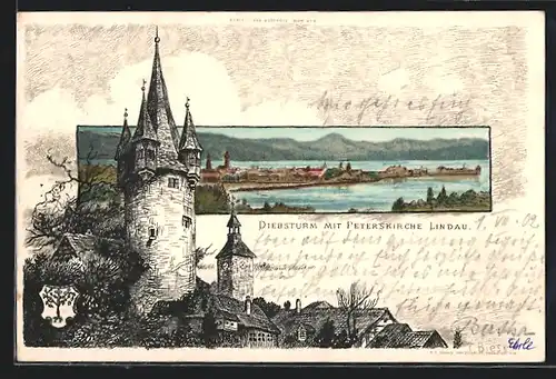 Künstler-AK Carl Biese: Lindau, Ortsansicht mit Umgebung, Diebsturm mit Peterskirche