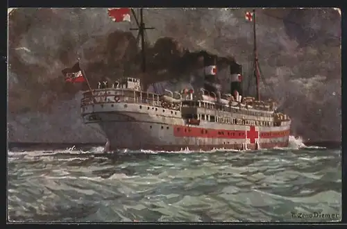 Künstler-AK Zeno Diemer: Schiff des Roten Kreuz auf See