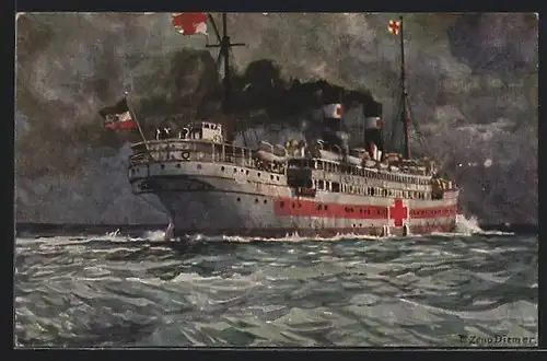 Künstler-AK Zeno Diemer: Schiff des Roten Kreuz auf See