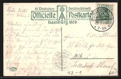 Künstler-AK Hamburg, 16. Deutsches Bundesschiessen 1909, Gäste streben zur Festhalle