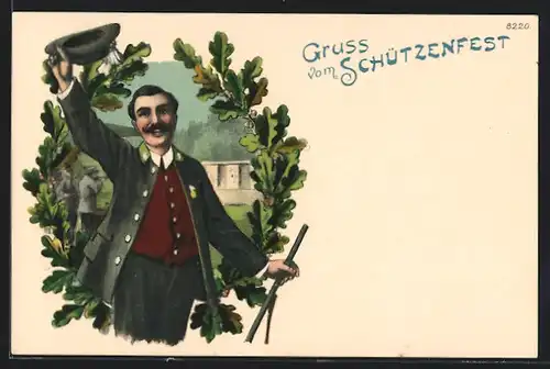 AK Gruss vom Schützenfest, Schütze winkt mit seinem Hut