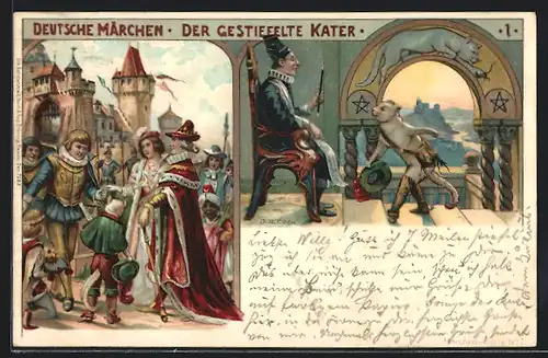 Lithographie Der gestiefelte Kater, Szene mit Königspaar vor dem Schloss, Aufwartungsszene