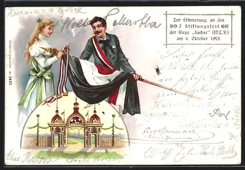 Lithographie Mann überreicht seiner Frau Fahnenstab mit Reichskriegsflagge
