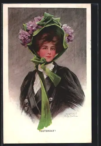 Künstler-AK Philip Boileau: Junge Dame mit Blumen am Hut Yesterday!