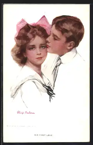 Künstler-AK Philip Boileau: Knabe küsst das Mädchen, His first love