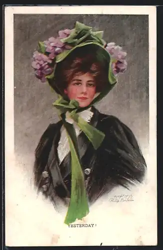 Künstler-AK Philip Boileau: Junge Dame mit Blumen am Hut Yesterday!