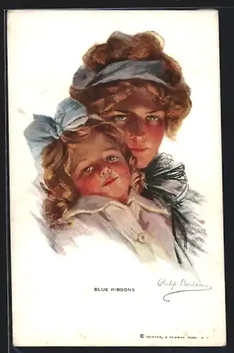 Künstler-AK Philip Boileau: Mutter und Tochter haben beide blaue Schleifen in den Haaren